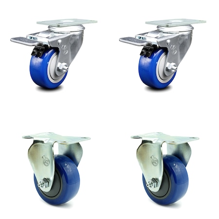 Service Caster 3 Inch Blue Polyurethane Swivel Top Plate Caster Lock Brakes 2 Rigid SCC, 2PK SCC-TTL20S314-PPUB-BLUE-2-R-2
